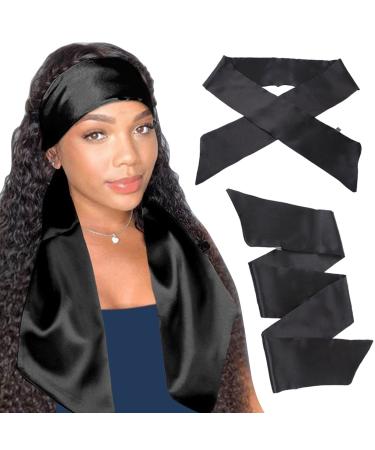 XTREND 2Pcs Women's Satin Edge Scarves for Wigs 58 Inch Silk Edge Laying Scarf for Women Non Slip Hair Wrap Wigs Grip Band for Yoga  Makeup  Facial  Sport (2 pcs  Black) 2 Pcs-black
