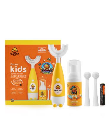 Kids' electric toothbrush, battery powered, comes with 1 AAA battery as well as 2 regular brush heads and 1 U-shaped brush head, foam toothpaste, suitable for boys and girls 2-12Years old (yellow).