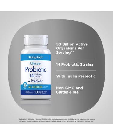 Piping Rock Probiotic and Prebiotic for Women and Men | 50 Billion CFU | 100 Capsules | Ultimate 14 Strain Supplement | Vegetarian Non-GMO Gluten Free - Buy Online on GoSupps.com