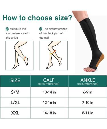 Copper Zipper Compression Socks 15-20mmHg - 2 Pairs, Open Toe Support, Black, Large-X-Large - Buy Online on GoSupps.com