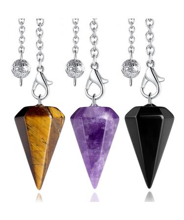 XIANNVXI 3 Pcs Crystal Pendulum Amethyst Tigers Eye Obsidian Pendulums for Divination Dowsing Pendulum Crystals Gemstones Cone Pendant Reiki Witchcraft Wicca Supplies B - Amethyst tigers Eye obsidian