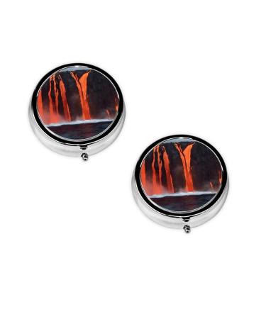 (Kilauea Volcano) Round Pill Box 3 Compartment Pill Box Mini Decorative Pocket Purse Portable Travel Medicine Tablet Vitamin Holder Organizer Pill Case Black