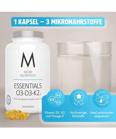 More Nutrition Essentials O3-D3-K2 | 480 Fish Oil Capsules with Vitamin D3 & K2 | Premium Fish Gelatin Shell - Buy Online on GoSupps.com