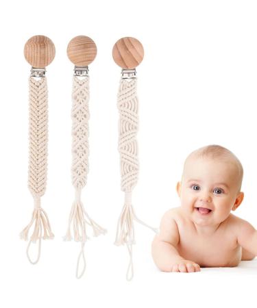 IOSPKKIO 3 piece of pacifier clip for boys and girls pacifier holders with wooden clips handmade braided cotton baby shell birthday present (beige)