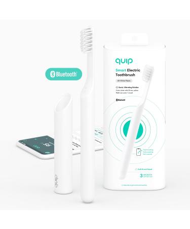 quip Adult Smart Electric Toothbrush - Sonic Toothbrush with Bluetooth & Rewards App, Travel Cover & Mirror Mount, Soft Bristles, Timer, and Plastic Handle - All-White