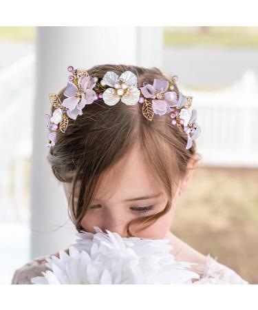 IYOU Flower Girl Headpiece Purple Pearl Princess Headband for Wedding Leaf Floral Crystals Frist Communion Hair Accessories Prom Birthday for Girls (Gold) - Buy Online on GoSupps.com