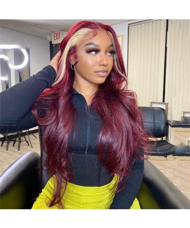 Rina 99J Skunk Stripe Wig Burgundy Blonde Colored 13x4 HD Lace Front Human Hair Wig Pre Plucked Body Wave Skunk Stripe 99J and Blonde Human Hair Wigs with Baby Hair for Black Women 22 Inch 22 Inch 99j skunk stripe blonde