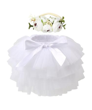 HOOLCHEAN Baby Girls Soft Tutu Skirt and Flower Headband Sets with Diaper Cover 2-3 Years White