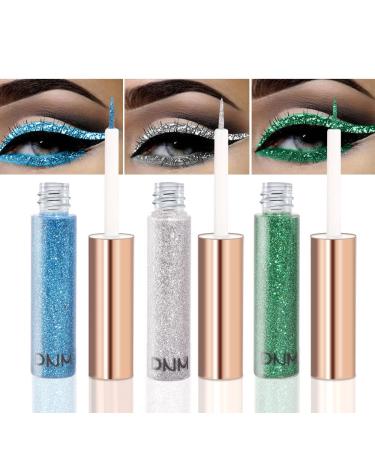 3Pcs Liquid Glitter Sparkle Blue Green Silver Eyeliner Liquid Makeup Set delineadores de colores para ojos,DNM Glitter Shimmer Sparkly Metallic Eyeliner Liner Liquid Set Eye Glitter Makeup Glue 3+7+8 3 Count (Pack of 1) Set01