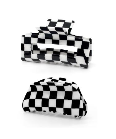 Furitou 2 Pack Checkered Hair Clip Hair Claw Clips Banana Barrettes Black and White Hair Clips Strong Hold Large Hair Accessories for Women Black-2