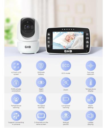 GHB Baby Monitor with Camera - 4.3 Inch LCD 720p Night Vision 350 Rotation Eco Mode - 2 Cameras for Enhanced Baby Monitoring - Buy Online on GoSupps.com