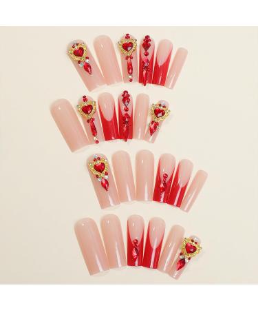 Red French Tip Press-On Nails | Square Long Fake Nails with Red Rhinestones | Reusable Acrylic Stick-On Nails for Women & Girls - 24Pcs - Buy Online on GoSupps.com
