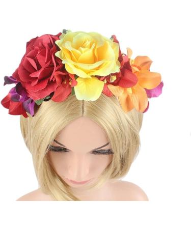 Women Day of The Dead Headband Artificial Rose Flower Crown Mexican Halloween Festival Headpiece Colorful Fake Stamen Party Hair Hoop - Buy Online on GoSupps.com