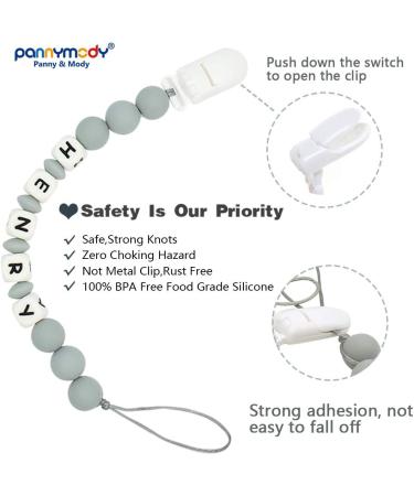 Personalized Name Silicone Teething Beads Dummy Clip | Binky Holder for Boys and Girls | Baby Shower Gift | Light Grey - Buy Online on GoSupps.com