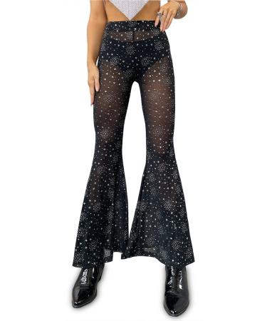 Rave Outfit for Women Festival Dance Clubwear Bell Bottom Mesh Sheer Pants Black Star Small