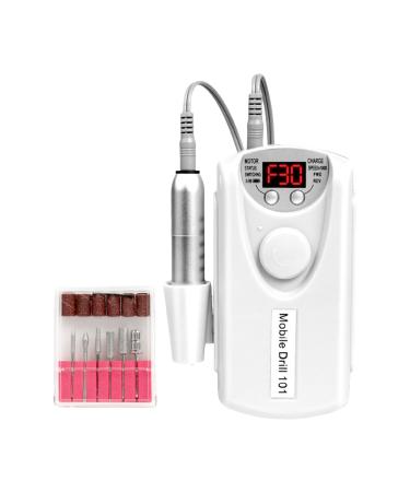 OSKOPWRC Electric Nail Drill Machine 30000 RPM Professional Rechargeable Nail File Kit with 6 Bits Manicure Pedicure Polishing Tools for Home Salon Use White