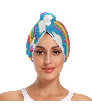 Unicorn and Rainbow Blue Hair Towel 2 Pack Super Absorbent Hair Drying Towel Quick Dry Hair Turbans Head Towel with Button Twisty Wrap for Women Girls