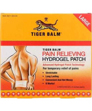 Tiger Balm Pain Relieving Large Patch, 4" x 8", 4/pack  Pain Relieving Patch  For Temporary Relief of Minor Aches of Muscles and Joints  Formulated with Menthol, Camphor, and Capsicum  Fast-Acting