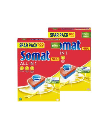 Somat all in 1 dishwashers tabs (2x100 tabs) dishwasher flushing tabs for radiant cleanliness even at low temperatures powerful against dried 100 pieces (2 pack)
