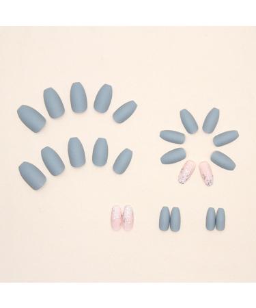 24Pcs Medium Coffin French Press On Nails - Ballerina Gray Blue False Nails for Women - Acrylic Full Cover Fake Nails with Adhesive Tabs - Nail Art Frosted Gray Blue - Buy Online on GoSupps.com
