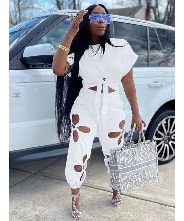 Women's Summer 2 Piece Outfit - Short Sleeve Knot Crop Top with Flower Hollowed Out Sweatpants, All White, Size Large - Buy Online on GoSupps.com