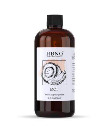 HBNO California Bottled Coconut Mct Oil 16 fl oz (475ml) Value Size - Natural Mct Oil Cold Pressed - Perfect Carrier for Massage Aromatherapy - Ideal for Face Body Lips & Hair 16 Fl Oz (Pack of 1)