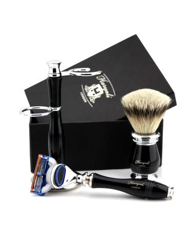 Mens Shaving Kit 5 Edge Safety Razor With Silver Tip Badger Hair Shaving Brush and Stand Perfect Set For Men
