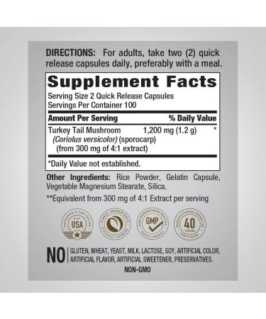 Piping Rock Turkey Tail Mushroom Capsules 1200mg - 200 Pills | Coriolus Versicolor Herbal Extract Supplement | Non-GMO & Gluten Free - Buy Online on GoSupps.com