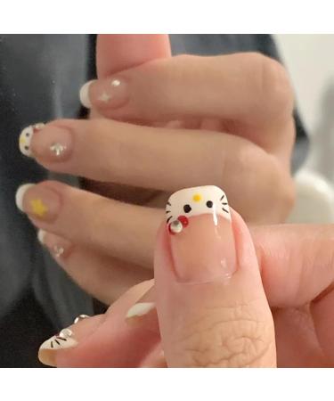 24Pcs Short French Tip Press on Nails - Cute Stars & Rhinestones Designs | Acrylic Fake Nails for Women & Girls | HG-15 Nail Art Decorations - Buy Online on GoSupps.com