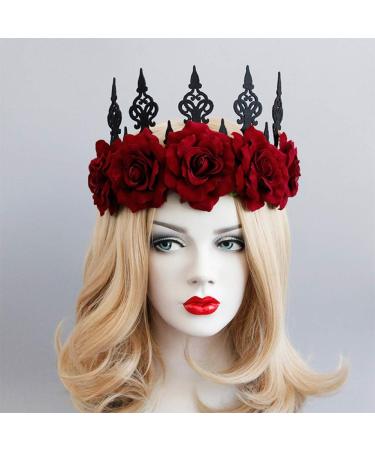 Gothic Flower Crown Headband Rose Hairband Bridal Floral Garland Headpiece Hair Wreath Women Girls Boho Flower Tiara Hair Accessories for Wedding Cosplay Dancing Party Costume Headwear Wine Red - Buy Online on GoSupps.com