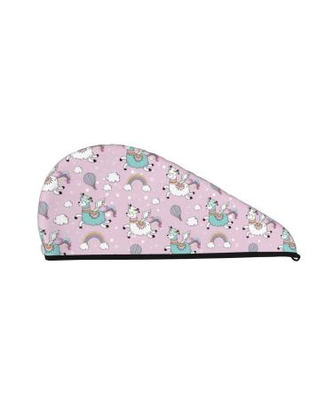 Hair Towel Wrap Hair Drying Towel with Button Towel Turban Head Towel to Dry Hair Quickly (Llama Unicorn and Rainbow)