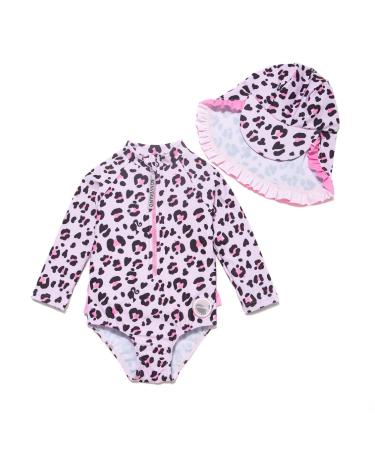 BONVERANO Baby Girls Swimsuit Toddler Bathing Suit Long-Sleeve Zipper One Piece Swimwear with UPF 50+ Sun Protection 12-18 Months Pink Leopard