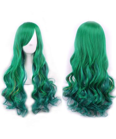 ColorfulPanda Long Wavy Culry Style Cosplay Halloween Party Wig Mix Green Synthetic Hair Wigs for Women Girl Ombre Green