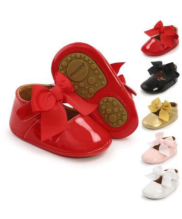 Sonsage Infant Baby Girls Bowknot Mary Jane Toddler Soft Anti-Slip Sole Princess Wedding Dress First Walking Flats Prewalker Newborn Ballet Shoes 0-6 Months A Red