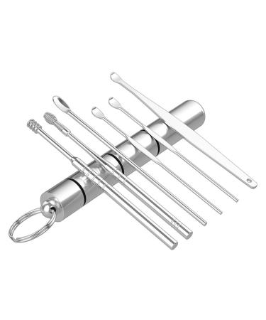 Ear Wax Removal Kit 6 Piece Professional Ear Cleaning Tool Set Easy to Clean and Portable Stainless Steel Earwax Tool Kit Reusable Ear Removal Set for Children & Adults(Silver)