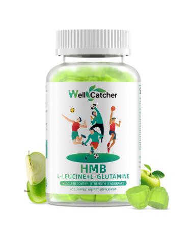 HMB and Leucine Amino Acid Gummies: HMB Supplements for Men Women with L-Glutamine for Muscle Growth Fast Workout Recovery Sugar Free Vegan Non-GMO Green Apple Flavored 30 Day Supply