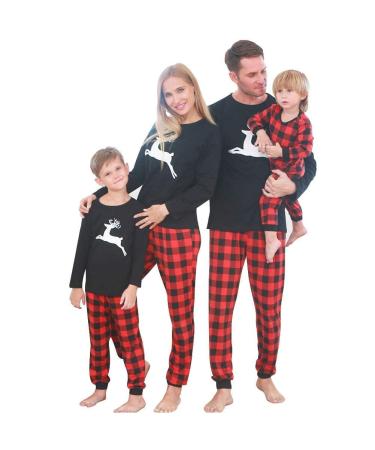 SANMIO Christmas Family Pajama Sets Matching Sleeve Blouse + Plaid Long Pants Nightwear Festival Outfits for Dad Mom Kids Girls Boys Baby Kid-black / Red Christmas Elk 6-7 Years
