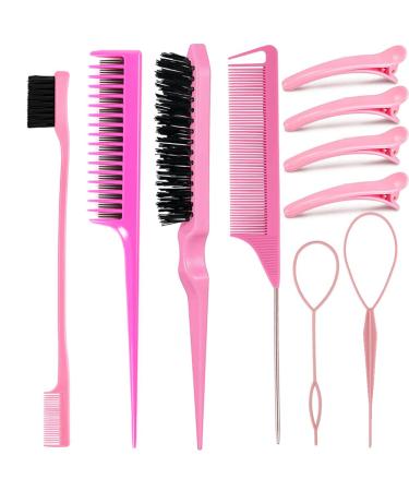 10 Pieces Hair Styling Comb Set Teasing Hair Brush Triple Teasing Comb Rat Tail Combs Edge Brush Hair Tail Tools Braid Tool Loop with Hair Clips for Women Girls Kids Hair Stylists Braiding Backcombing Styling 10 Pieces T...