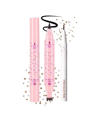 Real 2in1 eyeliner freckle pen 2 pieces Freckle Stamp and Black Liquid Eyeliner natural lifelike frisles makeup soft dots magical fake freckles waterproof long lasting light brown 2 pieces light brown