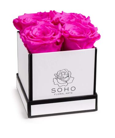 Soho Floral Arts | Roses in A Box | Genuine Roses that Last for Years (White Square 4ct, Radiant Pink) | Mothers Day Gifts White Square 4ct. Radiant Pink