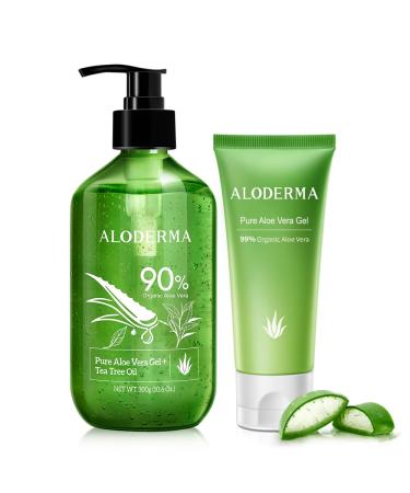 Aloderma Aloe Vera Gels Set 2 Pieces - 300g Aloe Vera Gel + Tea Tree Oil 114g Aloe Vera Gel - Hydrating Soothing Moisturizing