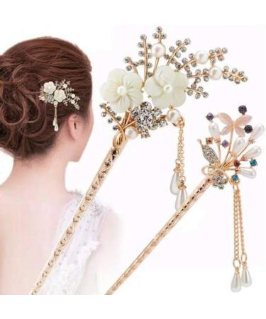 Minkissy 1PC Flower Pearl Hair Chopstick Alloy Hair Pin Chopsticks with Tassel Vintage Hair Stick for Girls Women - Buy Online on GoSupps.com