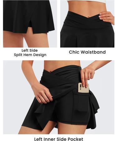 G4Free Women's Cross Waist Tennis Skirt with Shorts - Black, Small | Athletic Golf Skort with Pleats & Pocket - Buy Online on GoSupps.com