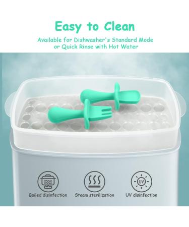 Vicloon Baby Fork and Spoon Set - 4Pcs Infant Silicone Self Feeding Utensil - Easy Grip Toddler Cutlery Kit - Baby Weaning Spoons for Children - Grey-Green - Buy Online on GoSupps.com