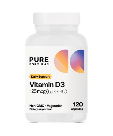 PureFormulas Vitamin D3 5,000 IU 125 mcg - Pure Vitamin D Supplement for Healthy Bone Formation, Teeth, Cardiovascular Health, and Immune Support Non-GMO - 120 Count Vegetarian Capsules 120 Count (Pack of 1)