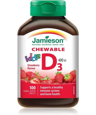 Jamieson Chewable Probiotic for Kids 5 Billion Active Cells - Natural Cherry Flavour & Vitamin D3 for Kids 400 IU - Strawberry Flavour Chewable Tablets + Vitamin D3 - Buy Online on GoSupps.com