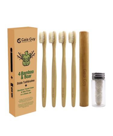 Gaia Guy Bamboo and Boar Bristle Toothbrush (4 Pack) + Travel Case & Silk Dental Floss | 100% Compostable Bristles and Floss | Eco-Friendly Dental Set | Biodegradable & Compostable Wooden Toothbrushes