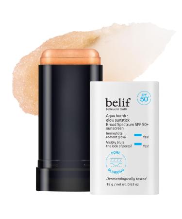 belif Aqua Bomb Niacinamide Sunscreen Stick SPF 50+ PA++++ Korean Sunstick for Face with Hyaluronic Acid No White Cast Lightweight Velvet Finish Daily UV Protection Semi-Matte Glow 0.63 oz Glow Sunstick (SPF 50+)
