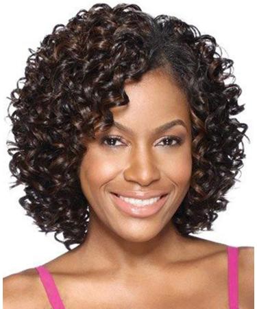 XIUFAXIRUSI XIUFAXIRUSI Short Curly Afro Wigs for Black Women Brown Kinky Curly Wig with Side Bangs Synthetic Full Hair Wig