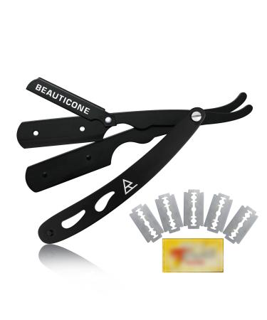 BEAUTICONE Straight Razor - Black Full Steel Barber Razor With Leaf Handle (5 double edge blades)